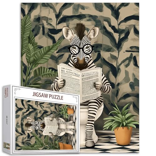 Tucocoo 1000 Teile Puzzle für Erwachsene, Zebra-Lese-Zeitungen, Puzzle, lustige Tiere, nordische Badezimmer-Kunst-Puzzles für anspruchsvolle Familienaktivitäten, buntes Bastelpuzzle, Wanddekoration, von Tucocoo