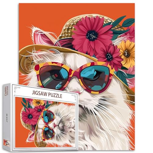 Tucocoo 1000 Teile Puzzle für Erwachsene, niedliche Katze, Kleidung, Sonnenbrille, Malerei, Puzzle, Kätzchen, Blumen, Hut, 1000 Teile Puzzles für anspruchsvolle Familienaktivitäten, Spiel, Tier von Tucocoo