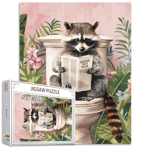 Tucocoo 1000 Teile Puzzle für Erwachsene, niedlicher Waschbär, Zeitungspuzzle, lustige Tiere auf Toilette, Badezimmer, Puzzles für anspruchsvolle Familienaktivitäten, buntes Bastelpuzzle, von Tucocoo