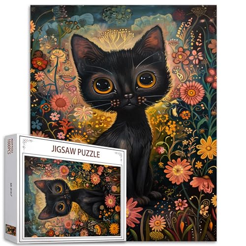 Tucocoo 1000 Teile Puzzle für Erwachsene Schwarz Kätzchen Puzzle Verzauberte Gartenkatze 1000 Teile Puzzles für anspruchsvolle Familienaktivitätsspiel Abstrakte Blumenkunst DIY Puzzle Wanddekoration von Tucocoo