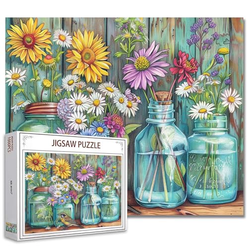 Tucocoo 1000 Teile Puzzle für Erwachsene Wildblumen und Gänseblümchen Puzzle Vogel Rustikale Einmachgläser 1000 Teile Puzzles für anspruchsvolle Familienaktivitätsspiel Blumenkunst Wanddekoration DIY von Tucocoo