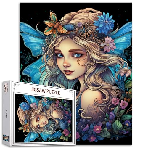 Tucocoo 1000 Teile Puzzles für Erwachsene Blau Schmetterling Fee Malerei Puzzle Blumen Schönes Mädchen 1000 Teile Puzzles für herausfordernde Familienaktivitätsspiel DIY Puzzle Wanddekoration von Tucocoo