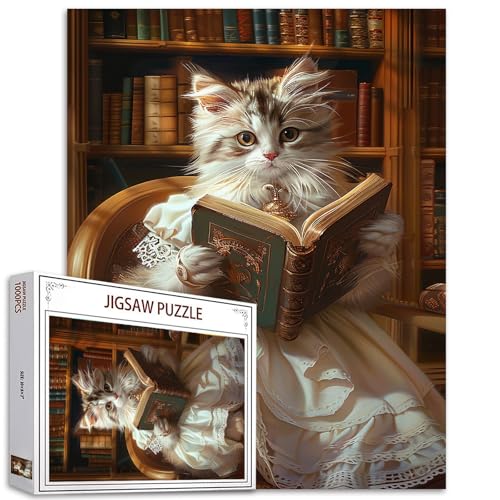 Tucocoo 1000 Teile Puzzles für Erwachsene Elegante und edle Katze Malerei Puzzle Kätzchen Bibliothek Lesekunst 1000 Teile Puzzles für herausfordernde Familienaktivitätsspiel DIY Puzzle Wanddekoration von Tucocoo