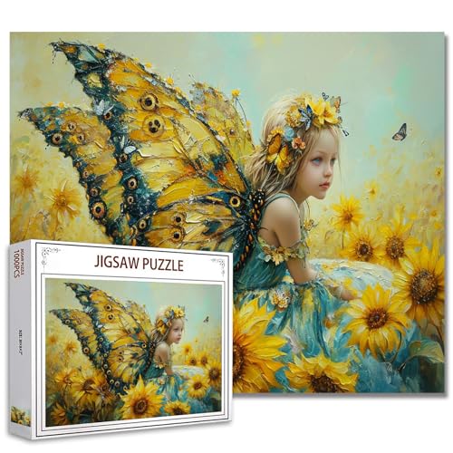 Tucocoo 1000 Teile Puzzles für Erwachsene Fee kleines Mädchen Puzzle Sonnenblumen Gelbe Flügel 1000 Teile Puzzles für herausfordernde Familienaktivität Spiel Engel Kunst DIY Puzzle Wanddekoration von Tucocoo