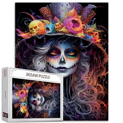 Tucocoo 1000 Teile Puzzles für Erwachsene Halloween Frau Malerei Puzzle Kürbis Schädel Hut Mädchen 1000 Teile Puzzles für herausfordernde Familienaktivitätsspiel DIY Puzzle Wanddekoration Geschenke von Tucocoo