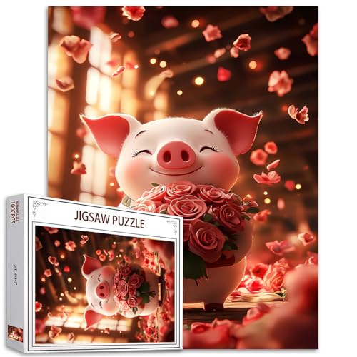 Tucocoo 1000 Teile Puzzles für Erwachsene Niedliches Schwein Puzzle Rosenstrauß Romantische Kunst 1000 Teile Puzzles für anspruchsvolle Familienaktivität Lernspiel DIY Handwerk Puzzle Wanddekoration von Tucocoo