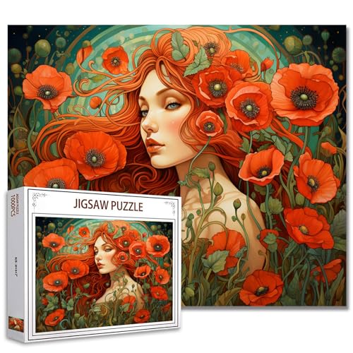 Tucocoo 1000 Teile Puzzles für Erwachsene Rote Mohnblumen Malerei Puzzle Blumen Frau 1000 Teile Puzzles für herausfordernde Familienaktivitätsspiel Floral Abstrakte Kunst DIY Puzzle Wanddekoration von Tucocoo