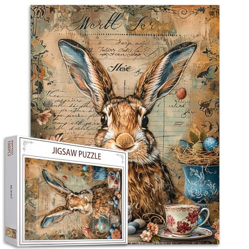 Tucocoo 1000 Teile Puzzles für Erwachsene Vintage Brown Bunny Painting Jigsaw Puzzle Retro Blumen Vase 1000 Teile Puzzles für herausfordernde Familienaktivitätsspiel Kaffeetassen DIY Puzzle von Tucocoo