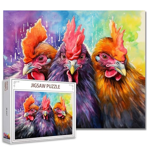 Tucocoo 1000-teiliges Puzzle für Erwachsene, Aquarell-Hühner, Malpuzzle, lustige Bauernhoftiere, 1000 Teile Puzzles für Spielabende, Hahne, Bunte Kunst, Wanddekoration, Bastelpuzzle, Geschenke von Tucocoo