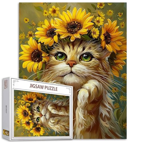 Tucocoo 1000-teiliges Puzzle für Erwachsene, Katzen-Portrait-Malerei, Puzzle, Sonnenblumenkranz, Tierkunst, 1000 Teile, Puzzles für anspruchsvolle Familienaktivitäten, buntes DIY-Puzzle, von Tucocoo