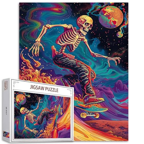 Tucocoo 1000-teiliges Puzzle für Erwachsene, Skelett, Skateboard, Malerei, Puzzle, psychedelische Reise, Kunst, 1000 Teile, Puzzles für anspruchsvolle Familienaktivitäten, buntes DIY-Puzzle, von Tucocoo