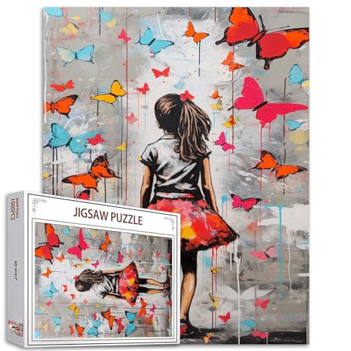 Tucocoo 1000-teiliges Puzzle für Erwachsene, buntes Schmetterlingsmalerei, Puzzle, Banksy-Mädchen, 1000 Teile, Puzzles für anspruchsvolle Familienaktivitäten, Graffiti, Straßenkunst, DIY-Puzzle von Tucocoo