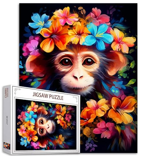 Tucocoo Affen-Blumen-Puzzle, 1000 Teile Puzzles für Erwachsene, niedliche Tierkunst-Puzzles für herausfordernde Familienaktivitätsspiele, 70 x 50 cm, DIY-Handarbeitspuzzle für Heimdekoration von Tucocoo