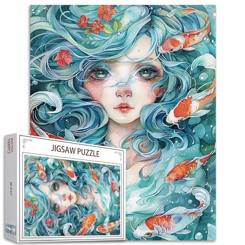 Tucocoo Aquarell-Puzzle für Erwachsene, 1000 Teile, Koi-Fisch, Blauer Ozean, abstrakte Kunst, Puzzle, bunt, DIY-Handarbeit, Puzzles für Heimdekoration, Familienpuzzle, perfekt für Spielabende von Tucocoo