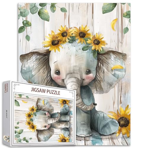 Tucocoo Baby-Elefanten-Puzzle, 1000 Teile, Puzzles für Erwachsene, niedliches Tier, rustikale Sonnenblumenkunst-Puzzles für anspruchsvolle Familienaktivitäten, buntes DIY-Puzzle für Heimdekoration von Tucocoo