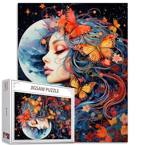 Tucocoo Beautifu Mädchen-Puzzles für Erwachsene, 1000 Teile, Schmetterlings-Frau, Mondnacht, Kunst-Puzzle, bunte DIY-Puzzles für Heimdekoration, Geschenke, Familienpuzzle, perfekt für Spieleabende von Tucocoo