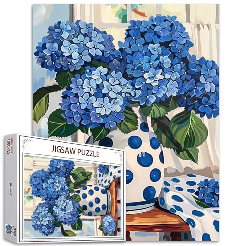 Tucocoo Blaue Hortensien-Puzzle, 1000 Teile Puzzles für Erwachsene, antike Vase, Stillleben, Blumen-Puzzles für anspruchsvolle Familienaktivitäten, Spiele, 70 x 50 cm, DIY-Puzzle für von Tucocoo