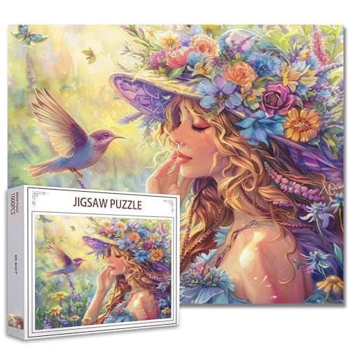 Tucocoo Blumenmädchen-Puzzles für Erwachsene, 1000 Teile, Garten-Puzzle, Blumen-Vogel-Kunst-Puzzle, 70 x 50 cm, buntes DIY-Puzzle, für Heimdekoration, Geschenke, Familienpuzzle, perfekt für von Tucocoo