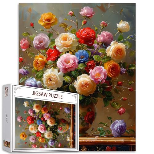 Tucocoo Bunte Rosen in Vase, Puzzles für Erwachsene, 1000 Teile, abstraktes Vintage-Blumen-Kunst-Puzzle, Bunte DIY-Puzzles für Heimdekoration, Geschenke, Familienpuzzle, perfekt für Spieleabende von Tucocoo