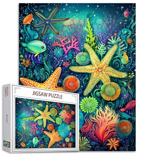 Tucocoo Bunte Seestern-Puzzles für Erwachsene, 1000 Teile, Meeresorganismus, Ozean, Tierkunst-Puzzle, DIY-Puzzles für Heimdekoration, Familienpuzzle, perfekt für Spieleabende, 70 x 50 cm von Tucocoo