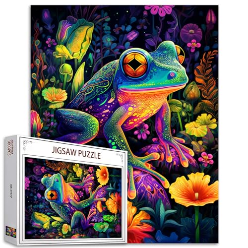 Tucocoo Buntes Frosch-Puzzle, 1000 Teile, Puzzles für Erwachsene, lustige Tiere, tropische Blumen, abstrakte Kunst, Puzzles für anspruchsvolle Familienaktivitäten, DIY-Puzzle für Heimdekoration, von Tucocoo