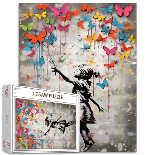 Tucocoo Butterfly Street Art Puzzle 1000 Teile Puzzles für Erwachsene, Banksy Little Girl Puzzles für anspruchsvolle Familienaktivitäten, buntes Puzzle für Heimdekoration, Geschenke, 50 x 70 cm von Tucocoo