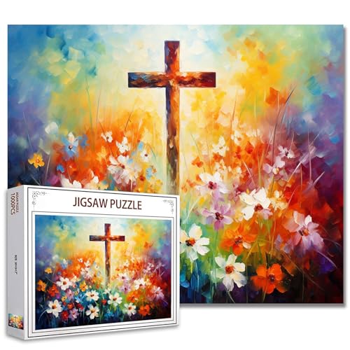 Tucocoo Christian Cross Puzzle für Erwachsene, 1000 Teile, abstrakte Wildblumen, Kunstwerk-Puzzle, 70 x 50 cm, Bunte Puzzles für Heimdekoration, Familienpuzzle, perfekt für Spielabende von Tucocoo