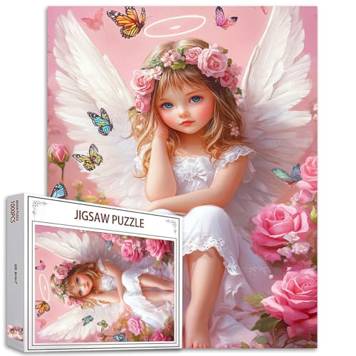 Tucocoo Engelsmädchen mit Flügeln, Puzzles für Erwachsene, 1000 Teile, Schmetterling und rosa Rosen Kunstpuzzle DIY Handwerk Puzzles für Heimdekoration Geschenk, Familie herausforderndes Puzzle von Tucocoo