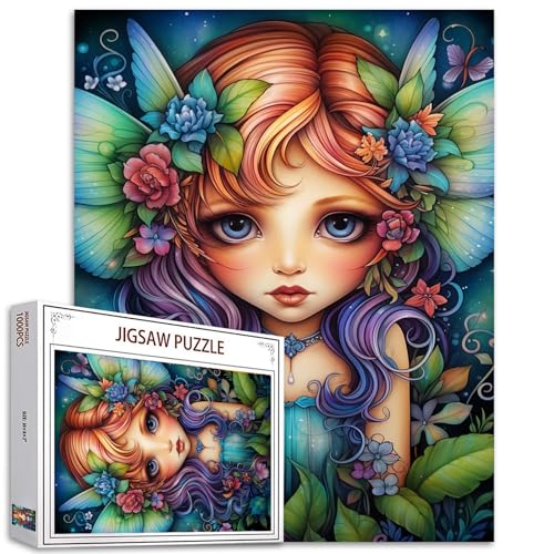 Tucocoo Fairy Little Girl Puzzle 1000 Teile Puzzle für Erwachsene, abstrakte Blumenblatt-Kunstpuzzles für anspruchsvolle Familienaktivitäten, 70 x 50 cm, DIY-Puzzle für Heimdekoration, Geschenke von Tucocoo