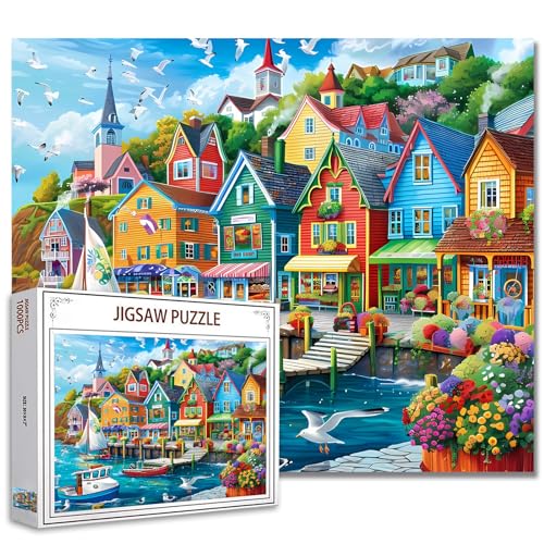 Tucocoo Farbenfrohes Puzzle für Erwachsene, 1000 Teile, Küstenhauslandschaft, Kunst-Puzzle, 70 x 50 cm, buntes DIY-Puzzles für Heimdekoration, Familienpuzzle, perfekt für Spielabende von Tucocoo