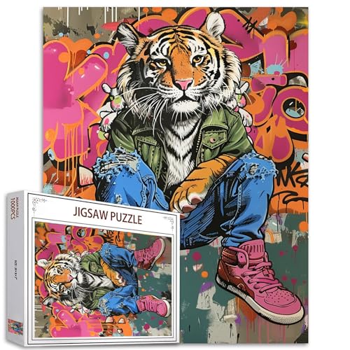 Tucocoo Graffiti-Tiger-Puzzles für Erwachsene, 1000 Teile, Punkischer Stil, Tier-Pop-Art-Puzzle, 70 x 50 cm, bunte DIY-Puzzles für Heimdekoration, Familienpuzzle, perfekt für Spieleabende von Tucocoo
