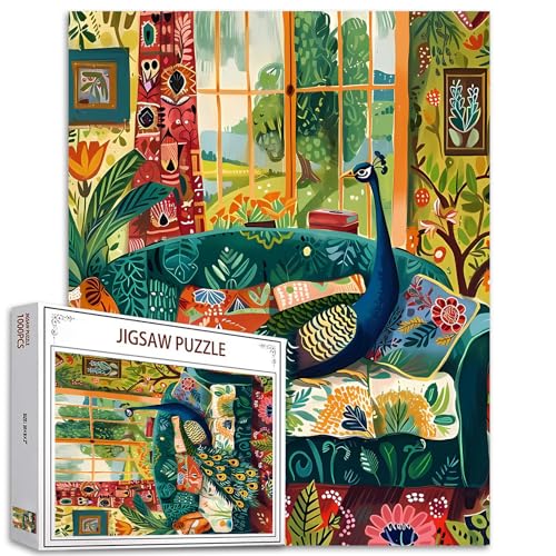 Tucocoo Grüner Pfau auf Sofa, Puzzle für Erwachsene, 1000 Teile, lustige Tiere, Vintage-Kunst-Puzzle, Bunte DIY-Puzzles für Heimdekoration, Familienpuzzle, perfekt für Spielabende, 70 x 50 cm von Tucocoo