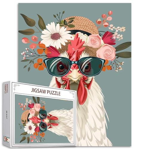 Tucocoo Hahn-Puzzles für Erwachsene, 1000 Teile, lustiges Huhn, Tier, Blumen, Kunst-Puzzle, bunt, DIY-Bastelpuzzles für Heimdekoration, Familienpuzzle, perfekt für Spieleabende, 70 x 50 cm von Tucocoo