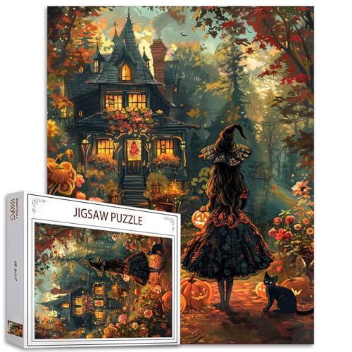 Tucocoo Halloween Kleid Hexe Puzzles für Erwachsene 1000 Teile, Herbst Kürbis Schwarze Katze Kunst Malerei 70 x 50 cm DIY Puzzles für Heimdekoration Geschenke, Familienpuzzle Perfekt für von Tucocoo