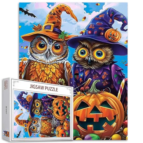 Tucocoo Halloween-Kürbis-Puzzles für Erwachsene, 1000 Teile, Zauberer-Hut, Eule, Kunststil, Malerei, 70 x 50 cm, Bunte DIY-Puzzles für Heimdekoration, Geschenke, Familienpuzzle, perfekt für von Tucocoo