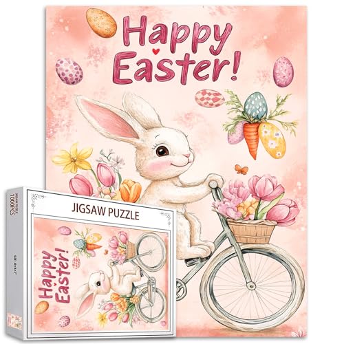 Tucocoo Happy Easter Egg Puzzle für Erwachsene, 1000 Teile, Hasen-Fahrrad mit Blumen, Aquarell-Kunst, DIY-Bastelpuzzles für Heimdekoration, Geschenk, anspruchsvolles Familien-Puzzle, perfekt für von Tucocoo