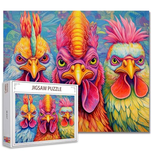 Tucocoo Hippie-Hühner-Puzzle, 1000 Teile, Puzzles für Erwachsene, abstrakte Regenbogen-Hähne, Kunst-Puzzles für anspruchsvolle Familienaktivitäten, DIY, Basteln, buntes Puzzle für Heimdekoration von Tucocoo