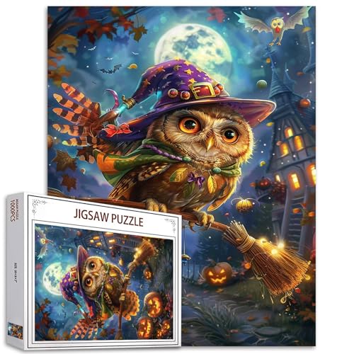 Tucocoo Horror-Halloween-Puzzles für Erwachsene, 1000 Teile, Herbst-Kürbis-Eule, Kunstmalerei, 70 x 50 cm, Bunte DIY-Puzzles für Heimdekoration, Geschenke, Familienpuzzle, perfekt für Spieleabende von Tucocoo