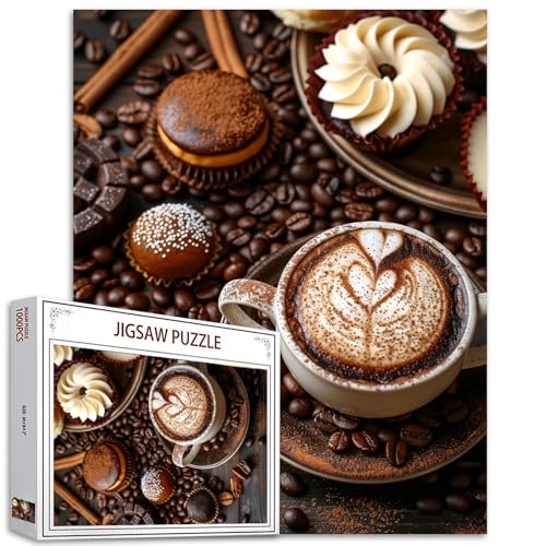 Tucocoo Kaffeetassen-Puzzles für Erwachsene, 1000 Teile, Kaffeebohnen, Gebäck, Gourmet-Kunststil, braune Malerei, 70 x 50 cm, DIY-Puzzles für Heimdekoration, Geschenke, Familienpuzzle, perfekt für von Tucocoo