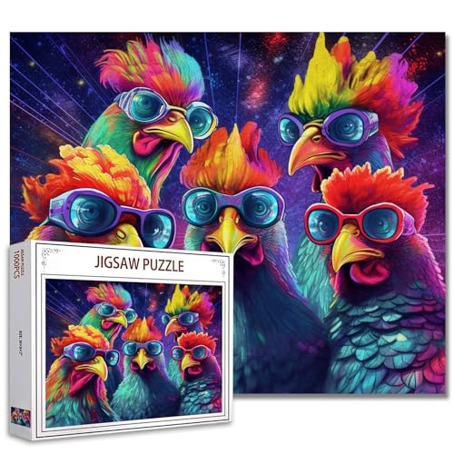 Tucocoo Kunst-Puzzle, Hähne mit Sonnenbrille, 1000 Teile, Puzzles für Erwachsene, Rave-Party, lustige Hühner, Puzzles für anspruchsvolle Familienaktivitäten, buntes Puzzle für Heimdekoration von Tucocoo