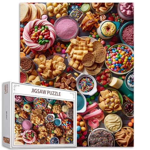 Tucocoo Leckere Snacks Puzzles für Erwachsene 1000 Teile, Bunte Süßigkeiten Kunst Stil Malerei 27 x 20 Zoll DIY Puzzles für Heimdekoration Geschenke, Familienpuzzle Perfekt für Spieleabende von Tucocoo