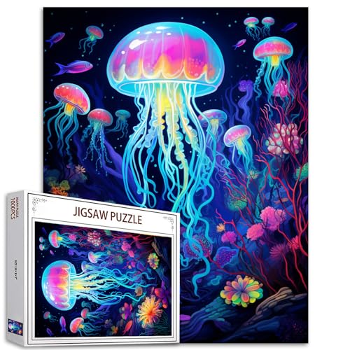 Tucocoo Leuchtende Quallen-Puzzles für Erwachsene, 1000 Teile, Meerestier-Kunst-Puzzle, bunt, DIY-Bastelpuzzles für Heimdekoration, Familienpuzzle, perfekt für Spieleabende, 70 x 50 cm von Tucocoo