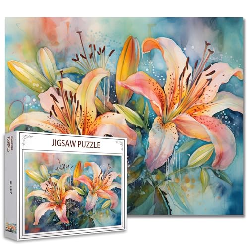 Tucocoo Lily Flowers Puzzle 1000 Teile Puzzles für Erwachsene, Aquarell-Blumenlandschaft, Kunst-Puzzles für anspruchsvolle Familienaktivitäten, 70 x 50 cm, DIY-Puzzle für Heimdekoration, Geschenke von Tucocoo