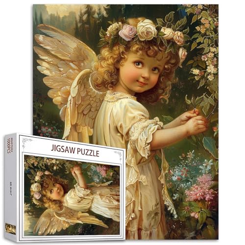 Tucocoo Little Girl Jigsaw Puzzle 1000 Teile Puzzles für Erwachsene, Niedliche Engel Garten Blumen Natürliche Kunst Puzzles für anspruchsvolle Familienaktivitätsspiele DIY Handwerk Puzzle für Home von Tucocoo