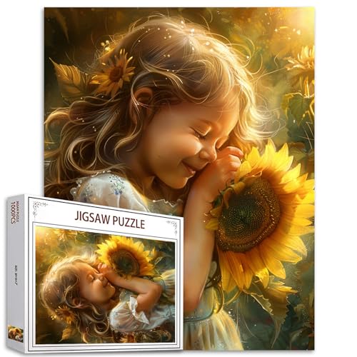 Tucocoo Lovely Little Girl Puzzle 1000 Teile Puzzles für Erwachsene, glückliche Sonnenblumenkunst-Puzzles für anspruchsvolle Familienaktivitäten, buntes DIY-Handarbeitspuzzle für Heimdekoration, von Tucocoo