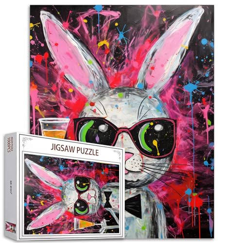 Tucocoo Lustiges Kaninchen-Puzzle, 1000 Teile, Puzzles für Erwachsene, Hase trinkt Wein mit Sonnenbrille, Puzzles für anspruchsvolle Familienaktivitäten, buntes DIY-Puzzle für Heimdekoration von Tucocoo