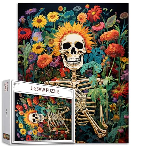 Tucocoo Menschliches Skelett-Puzzle, 1000 Teile, Puzzles für Erwachsene, Totenkopf-Wildblumen, Kunstwerk-Puzzles für anspruchsvolle Familienaktivitäten, buntes DIY-Puzzle für Heimdekoration, Geschenke von Tucocoo