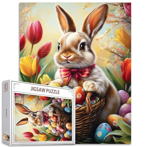 Tucocoo Niedliches Osterhasen-Puzzle, 1000 Teile, Puzzles für Erwachsene, Gartentulpen, Korb, Eier, Kunstpuzzle für anspruchsvolle Familienaktivitäten, buntes Bastelpuzzle für Heimdekoration, von Tucocoo