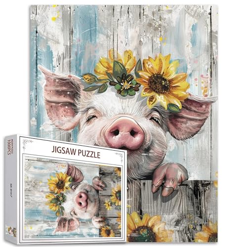 Tucocoo Niedliches Smile-Puzzle für Erwachsene, 1000 Teile, Bauernhaus-Tier-Sonnenblumen, Retro-Kunst-Puzzle, bunt, DIY-Bastelpuzzles für Heimdekoration, Familienpuzzle, perfekt für Spielabende von Tucocoo