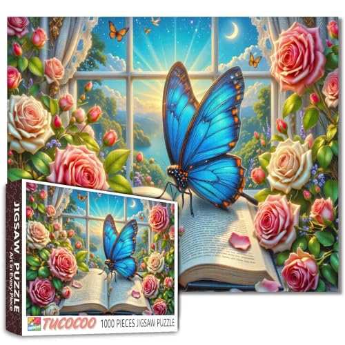 Tucocoo Open Book 1000 Teile Puzzle für Erwachsene, Blauer Schmetterling mit Rosen und verzauberter Fensteransicht Puzzle, Fantasie-Blumenpuzzle für Entspannung und Stressabbau, Wohnkultur, Geschenk Tucocoo Open Book 1000 Teile Puzzle für Erwachsene, Blauer Schmetterling mit Rosen und verzauberter Fensteransicht Puzzle, Fantasie-Blumenpuzzle für Entspannung und Stressabbau, Wohnkultur, Geschenk von Tucocoo